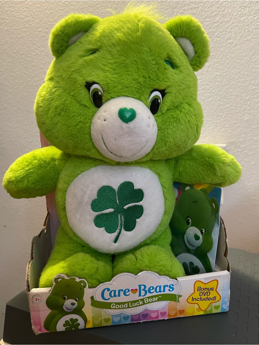 Collectible - Care Bears Good Luck Bear Plush Toy - Green -2015- with DVD. NEW